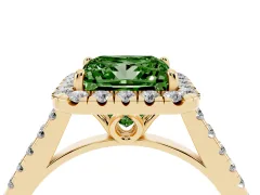 Fancy Green Princess Cut Diamond Pavé Halo Engagement Ring Set in Yellow gold with Pavé Band and Prong Setting