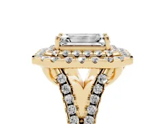 Emerald Cut Diamond Double Halo Ring Set in Yellow gold with Pavé Split Shank and Prong Setting