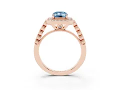 Fancy Blue Emerald Cut Diamond Milgrain Halo Solitaire Ring Set in Rose gold with Bezel Set Side Stones and Pavé Band