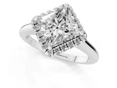 Princess Cut Diamond Halo Engagement Ring Set in Silver with Pavé Band and Rising Shoulders
