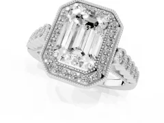 Emerald Cut Diamond Milgrain Halo Solitaire Ring Set in Silver with Bezel Set Side Stones and Pavé Band