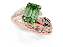 Fancy Green Emerald Cut Diamond Solitaire Ring Set in Rose gold with Layered Twist Pavé Band