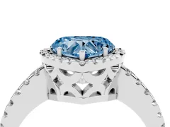 Fancy Blue Heart Cut Diamond Halo Ring Set in White gold with Pavé Shoulders and Halo-Framed Center