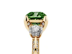 Fancy Green Cushion Cut Diamond Three-Stone Ring Set in Yellow gold with Pavé Band and Smaller Side Stones