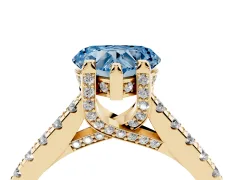 Fancy Blue Heart Cut Diamond Solitaire Ring Set in Yellow gold with Brilliant Pavé Band and Prong Setting