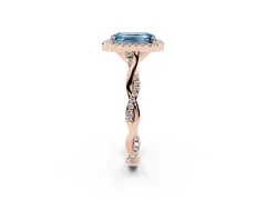 Fancy Blue Emerald Cut Diamond Halo Twist Band Solitaire Ring Set in Rose gold with Prong Setting