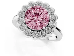 Fancy Pink Round Cut Diamond Halo Cluster Engagement Ring Set in Platinum with Solitaire Band and Prong Setting