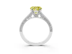 Fancy Yellow Heart Cut Diamond Solitaire Ring Set in White gold with Milgrain-Edged Pavé Band and Prong Setting