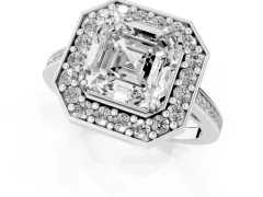 Asscher Cut Diamond Halo Ring Set in Platinum with Accent-Lined Split Shank and Prong Setting