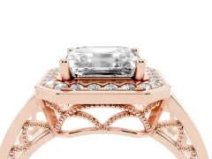 Asscher Cut Diamond Halo Ring Set in Rose gold with Pavé and Bezel Accent Split Shank