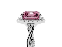 Fancy Pink Asscher Cut Diamond Halo Twist Band Solitaire Ring Set in White gold with Prong Setting
