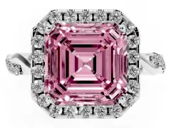 Fancy Pink Asscher Cut Diamond Halo Twist Band Solitaire Ring Set in White gold with Prong Setting