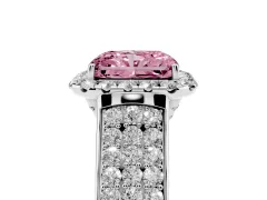 Fancy Pink Radiant Cut Diamond Halo Ring Set in Silver with Pavé Band and Raised Center Setting