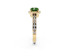 Fancy Green Cushion Cut Diamond Halo Engagement Ring Set in Yellow gold with Pavé Band and Prong-Set Center