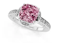 Fancy Pink Cushion Cut Diamond Halo Ring Set in Platinum with Channel Set Band and Prong Setting