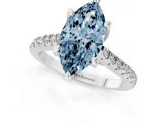 Fancy Blue Marquise Cut Diamond Solitaire Ring Set in White gold with Brilliant Pavé Band and Prong Setting