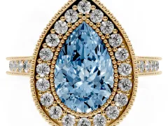 Fancy Blue Pear Cut Diamond Halo Milgrain Pavé Band Ring Set in Yellow gold with Prong Setting