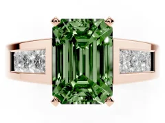 Fancy Green Emerald Cut Diamond Solitaire Ring Set in Rose gold with Channel-Set Accent Stones and Prong Setting