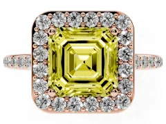 Fancy Yellow Asscher Cut Diamond Halo Engagement Ring Set in Rose gold with Round Pavé Shoulders and Heart Gallery