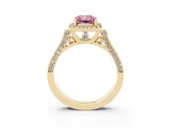 Fancy Pink Radiant Cut Diamond Halo Ring Set in Yellow gold with Pavé-Lined Split Shank Band
