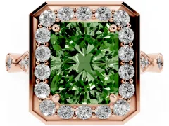 Fancy Green Radiant Cut Diamond Halo Engagement Ring Set in Rose gold with Twisted Band and Prong Setting