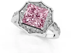 Fancy Pink Princess Cut Diamond Halo Engagement Ring Set in White gold with Milgrain Band and Prong Setting