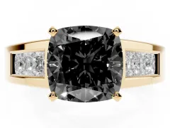 Fancy Black Cushion Cut Diamond Solitaire Ring Set in Yellow gold with Channel-Set Accent Stones and Prong Setting