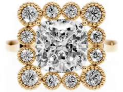Cushion Cut Diamond Cluster Halo Ring Set in Yellow gold with Milgrain Bezel Accents and Plain Band