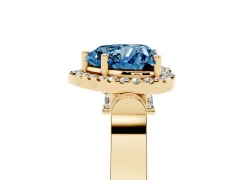 Fancy Blue Heart Cut Diamond Halo Ring Set in Yellow gold with Twist Band and Pavé Accents