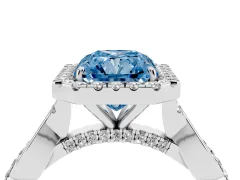 Fancy Blue Radiant Cut Diamond Halo Twist Band Solitaire Ring Set in Platinum with Prong Setting