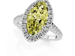 Fancy Yellow Marquise Cut Diamond Halo Pavé Engagement Ring Set in White gold with Prong Setting