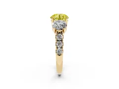 Fancy Yellow Round Cut Diamond Three-Stone Ring Set in Yellow gold with Pavé Band