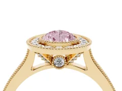 Fancy Pink Pear Cut Diamond Halo Milgrain Pavé Band Ring Set in Yellow gold with Prong Setting