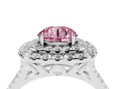 Fancy Pink Round Cut Diamond Double Halo Ring Set in White gold with Pavé Split Shank and Prong Setting