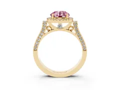 Fancy Pink Round Cut Diamond Halo Ring Set in Yellow gold with Pavé-Lined Split Shank Band