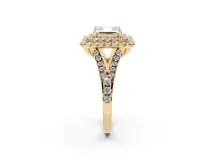 Asscher Cut Diamond Double Halo Ring Set in Yellow gold with Pavé Split Shank and Prong Setting