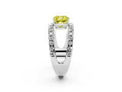 Fancy Yellow Cushion Cut Diamond Split Shank Pavé Solitaire Ring Set in Platinum with Open Shank Design