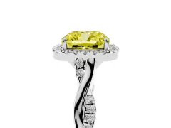 Fancy Yellow Cushion Cut Diamond Halo Twist Band Solitaire Ring Set in White gold with Prong Setting