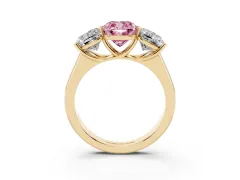 Fancy Pink Cushion Cut Diamond Three-Stone Ring Set in Yellow gold with Plain Polished Band