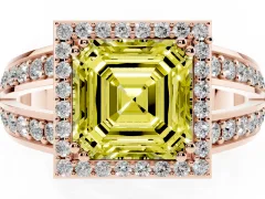 Fancy Yellow Asscher Cut Diamond Halo Ring Set in Rose gold with Double Pavé Split Shank