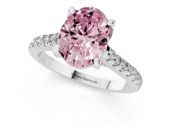 Fancy Pink Oval Cut Diamond Solitaire Ring Set in Platinum with Brilliant Pavé Band and Prong Setting