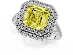 Fancy Yellow Asscher Cut Diamond Double Halo Ring Set in White gold with Pavé Band