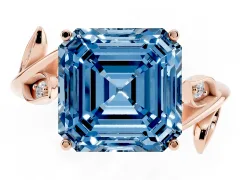 Fancy Blue Asscher Cut Diamond Solitaire Twist Engagement Ring Set in Rose gold with Pavé Leaf Accents