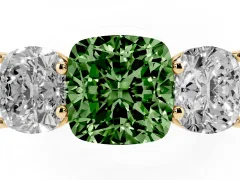 Fancy Green Cushion Cut Diamond Three-Stone Ring Set in Yellow gold with Plain Polished Band
