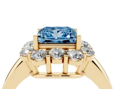 Fancy Blue Princess Cut Diamond Milgrain Halo Solitaire Ring Set in Yellow gold with Bezel Set Side Stones and Pavé Band