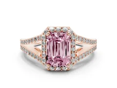 Fancy Pink Emerald Cut Diamond Halo Split Shank Pavé Ring Set in Rose gold with Prong Setting