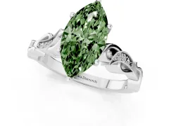 Fancy Green Marquise Cut Diamond Vine Band Solitaire Ring Set in White gold with Milgrain Prong Setting