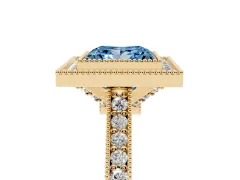 Fancy Blue Princess Cut Diamond Halo Milgrain Pavé Band Ring Set in Yellow gold with Prong Setting