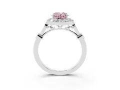 Fancy Pink Oval Cut Diamond Halo Engagement Ring Set in White gold with Twisted Band and Prong Setting