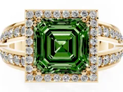 Fancy Green Asscher Cut Diamond Halo Ring Set in Yellow gold with Double Pavé Split Shank